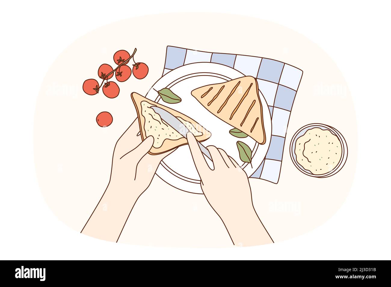 Concetto di colazione e pasto. Vista dall'alto delle mani umane aggiunta di burro ai toast di pane preparazione sandwich per la prima colazione illustrazione vettoriale Illustrazione Vettoriale