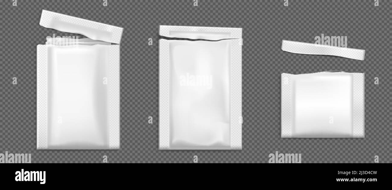 Bustina aperta, sacchetto vettoriale per mockup, salviette bagnate strappate, carta bianca o fogli di alluminio. Confezioni isolate in bianco per alimenti, zucchero, sale, caffè o cosmetici sa Illustrazione Vettoriale