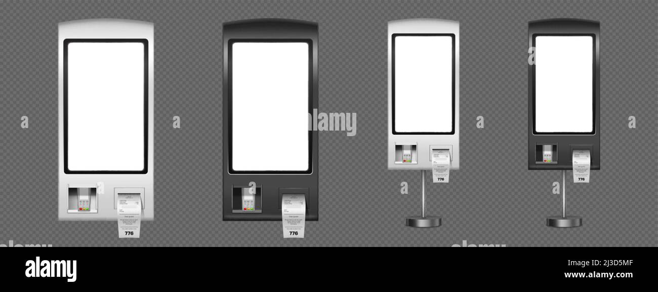 Mockup vettoriale 3d realistico del chiosco di auto-ordine. Distributori automatici con pannello sensore, ricevute e terminale POS per il pagamento. Innovativo self-service Illustrazione Vettoriale