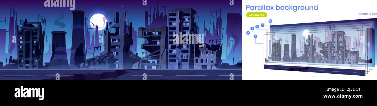 Distrutti edifici sulla strada della città dopo la guerra o disastro naturale di notte. Vettore parallasse sfondo con cartoon cityscape con abbandonato hou rotto Illustrazione Vettoriale