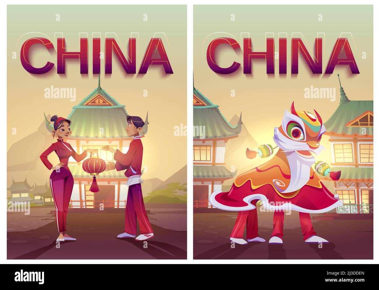 Cina viaggi cartoni animati con danza leone e la gente in costumi tradizionali e lanterna rossa nel villaggio cinese. Tour di viaggio asiatico, invito t Illustrazione Vettoriale
