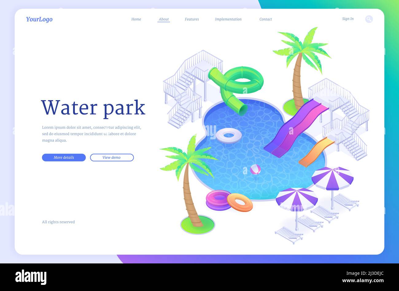 Parco acquatico con piscina, scivoli, anelli gonfiabili, lettini e palme. Landing page vettoriale con aquapark isometrico di divertimento con sp Illustrazione Vettoriale