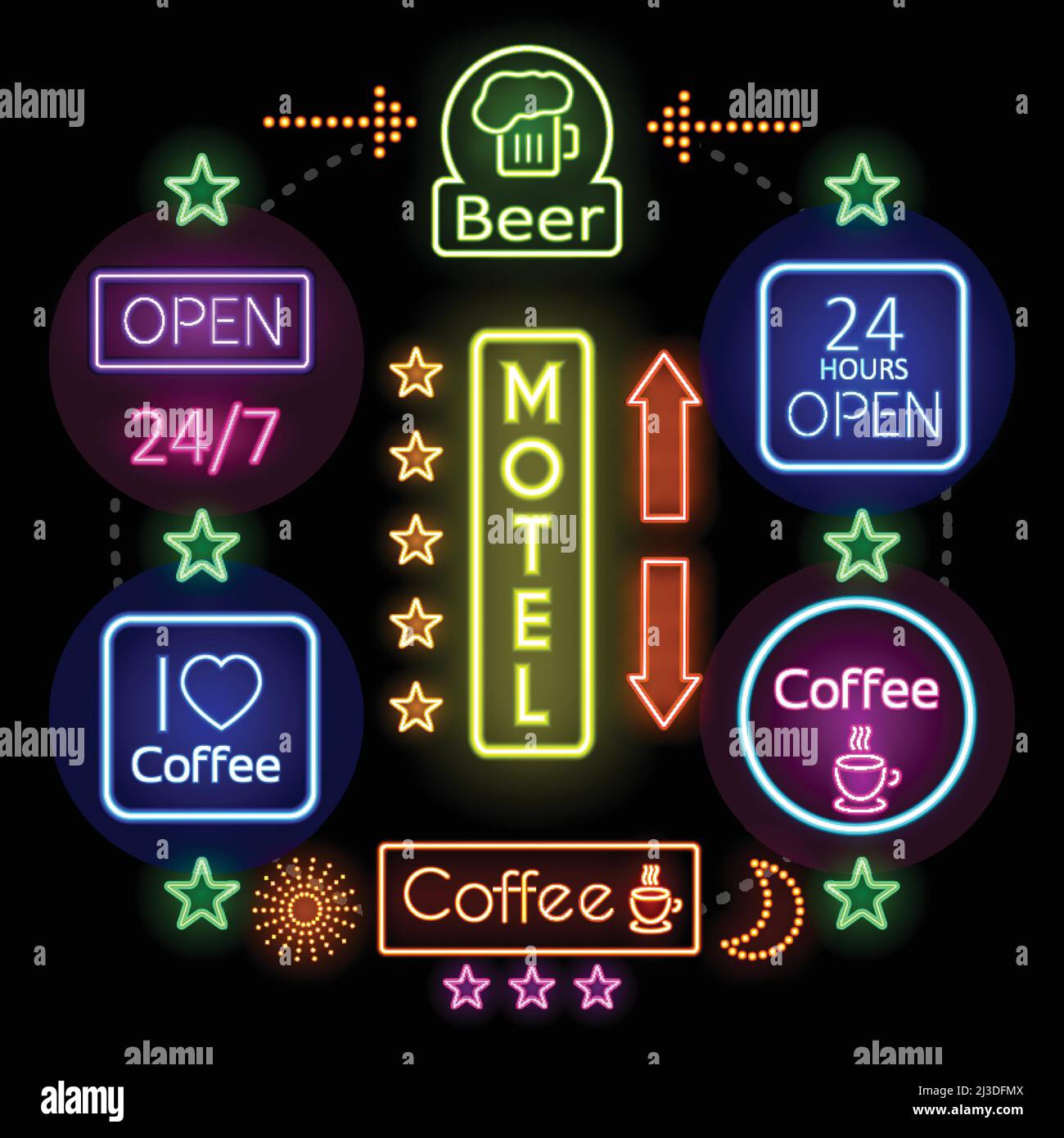 Pubblicità al neon insegne concetto con cornici colorate illuminate parole diverse tazza di caffè bicchiere di birra frecce stelle sole luna vettore isolato illugrati Illustrazione Vettoriale