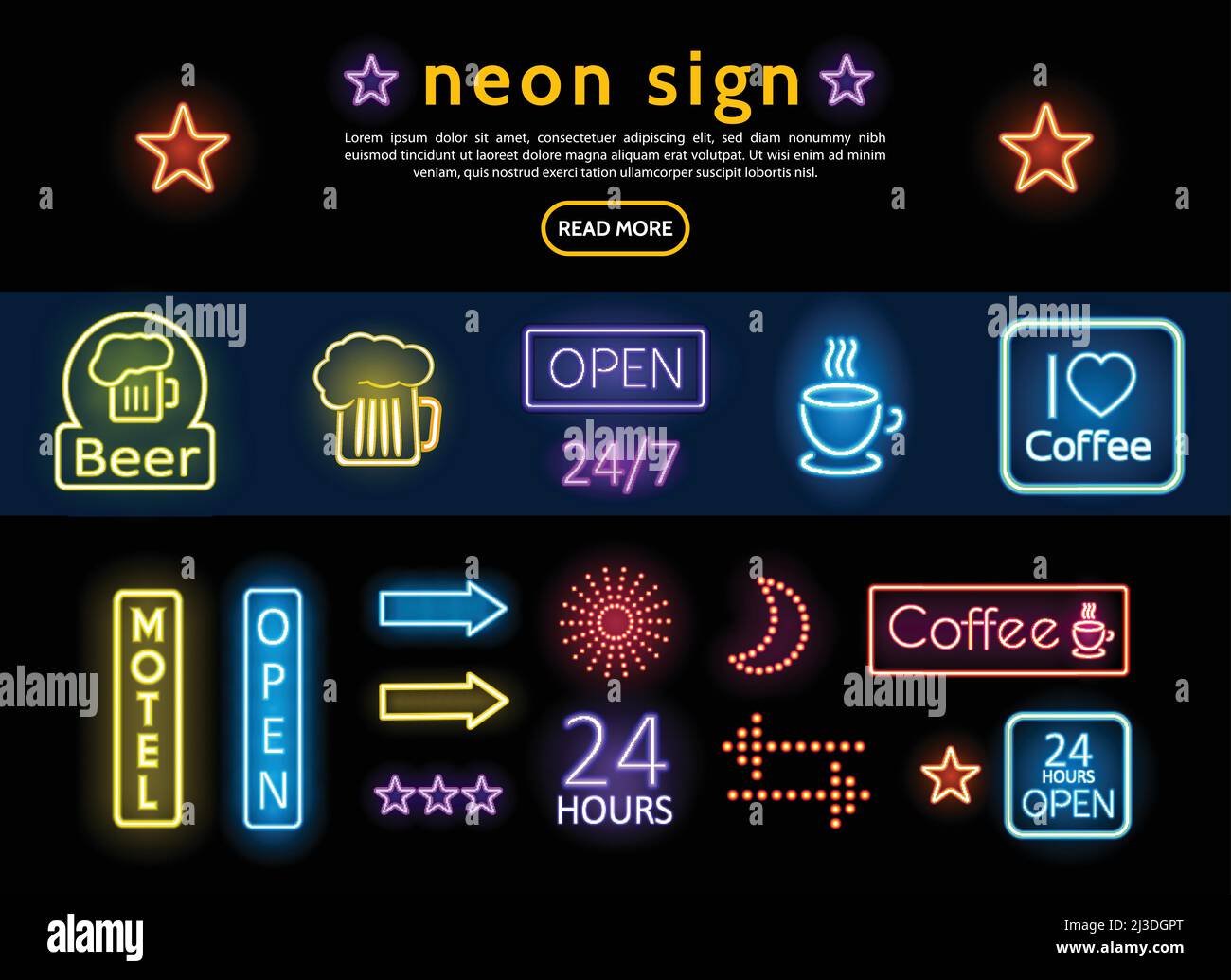 Cartelli luminosi e colorati al neon con caffè in vetro di birra Coppa sole luna stelle frecce Open Motel iscrizioni vettore isolato illustrazione Illustrazione Vettoriale