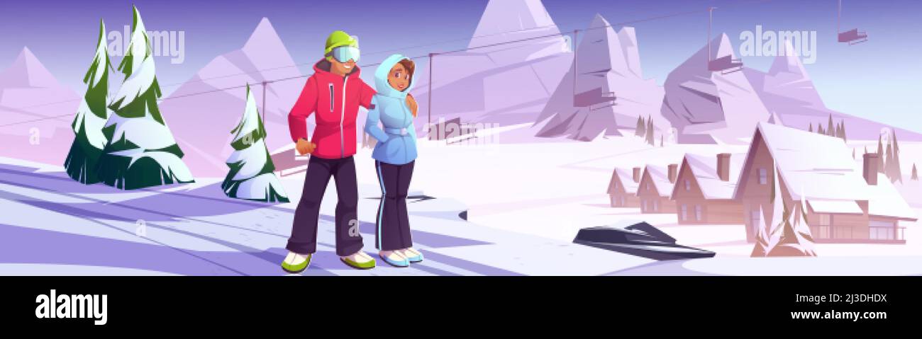 Giovane coppia sulla stazione sciistica, uomo e donna in inverno abiti abbracciato a neve collina con montagne, cottage e fondo funicolare, persone rilassante, Illustrazione Vettoriale