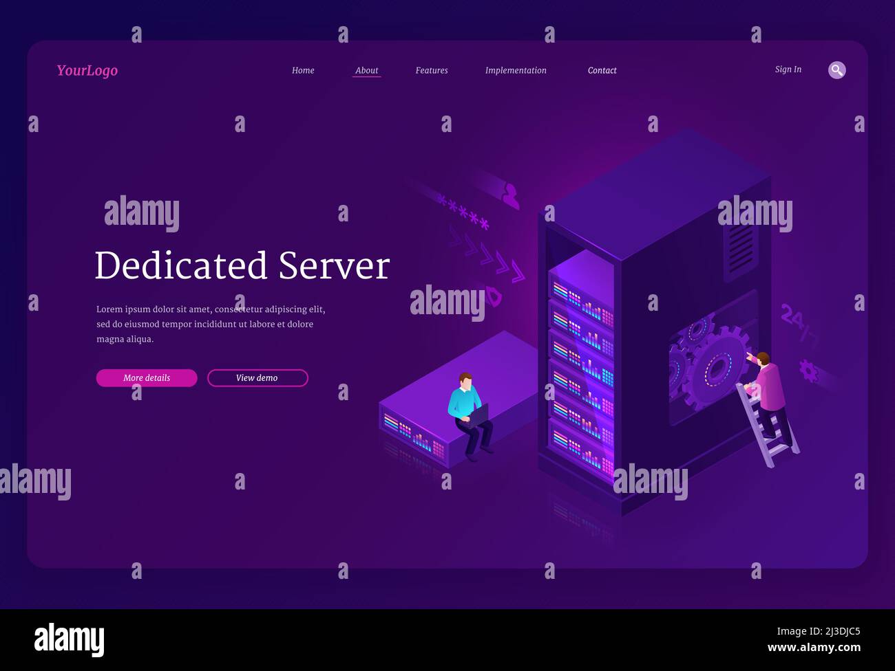 Banner server dedicato. Servizio di hosting Internet con accesso privato all'hardware, allo storage dei dati e alla rete nel data center. Pagina di destinazione vettoriale con IS Illustrazione Vettoriale