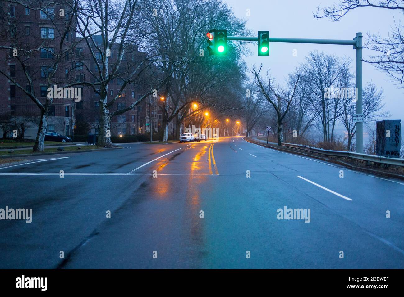 I semafori riflettono la strada bagnata all'alba Foto Stock