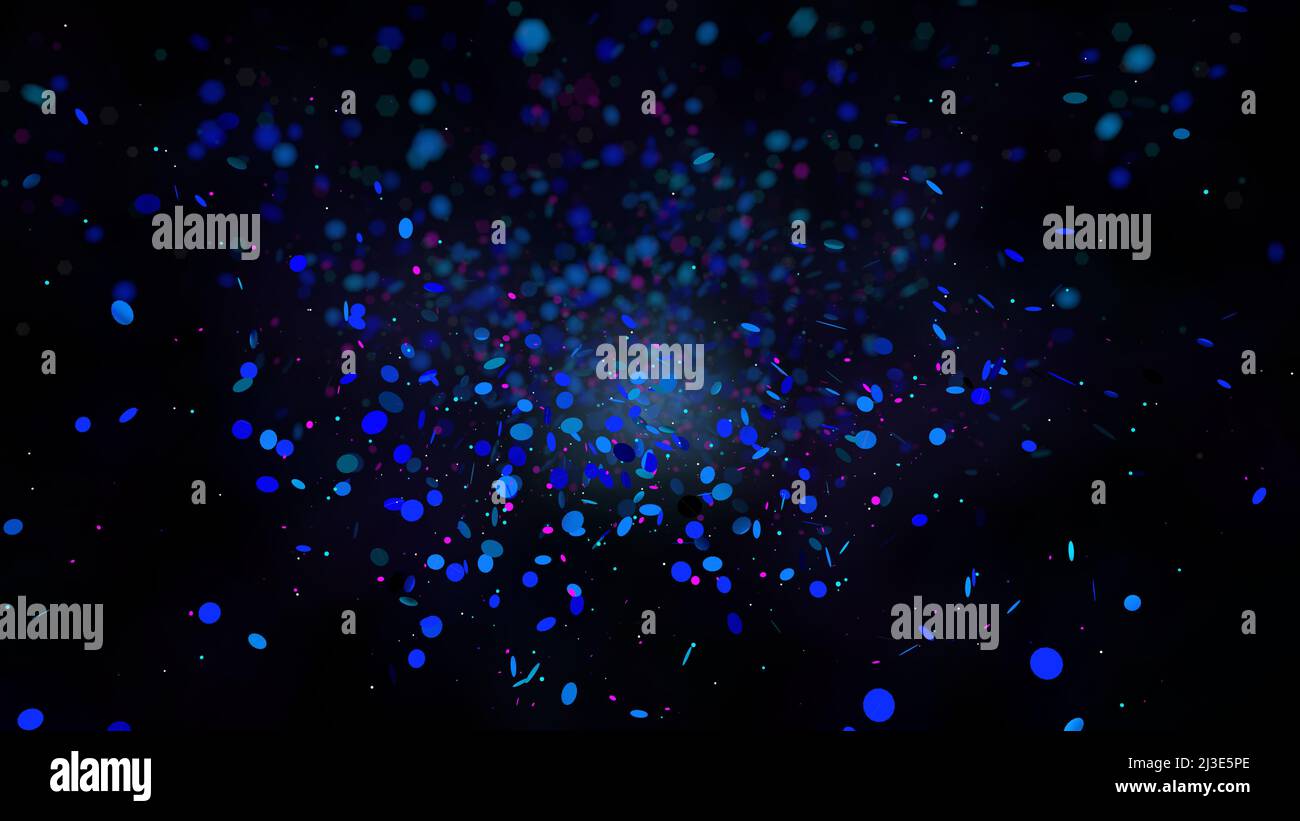 Sfondo astratto di un gruppo di particelle blu e viola di diverse dimensioni galleggianti su uno sfondo sfocato in uno spazio nero. 3d illustrazione Foto Stock