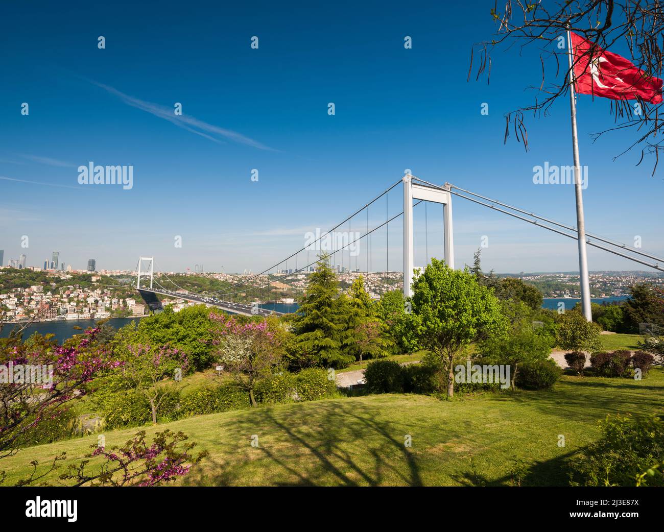 Paesaggio di Istanbul in primavera. Vista sul Bosforo famosa per i suoi fiori di redbud. Vista del Ponte Fatih Sultan Mehmet da Otaggepe. Turchia Foto Stock