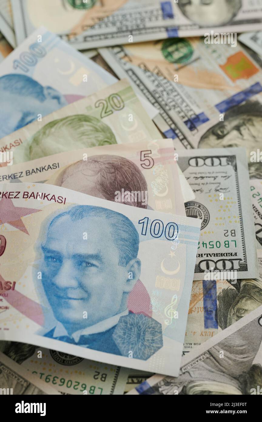 Cambio turk lira su euro e tema usd. Banconote turche in euro e in dollari Foto Stock
