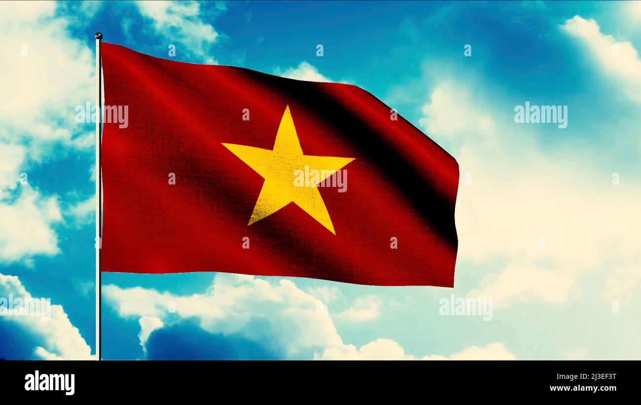 Bandiera rossa sventola del Vietnam con una stella gialla. Movimento. Animazione luminosa con bandiera nazionale su un flagpole su sfondo blu cielo nuvoloso. Foto Stock