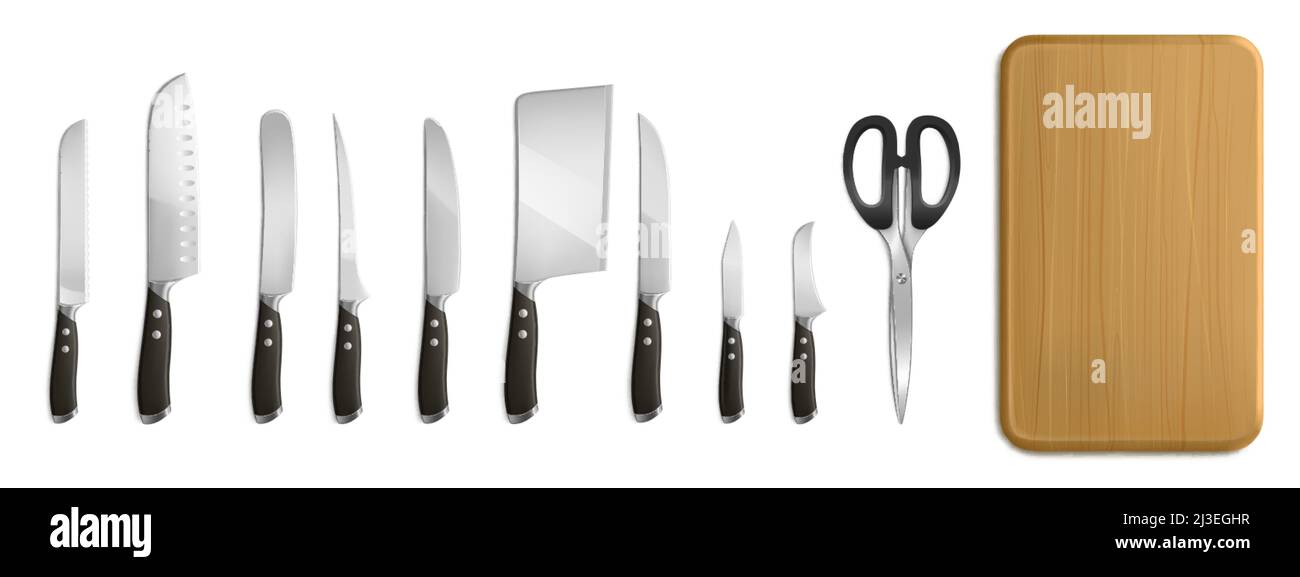Coltelli da cuoco e macellaio, tagliere e forbici per cucinare. Set vettoriale realistico di 3D utensili da cucina, coltelli in metallo con lame affilate e ha nero Illustrazione Vettoriale
