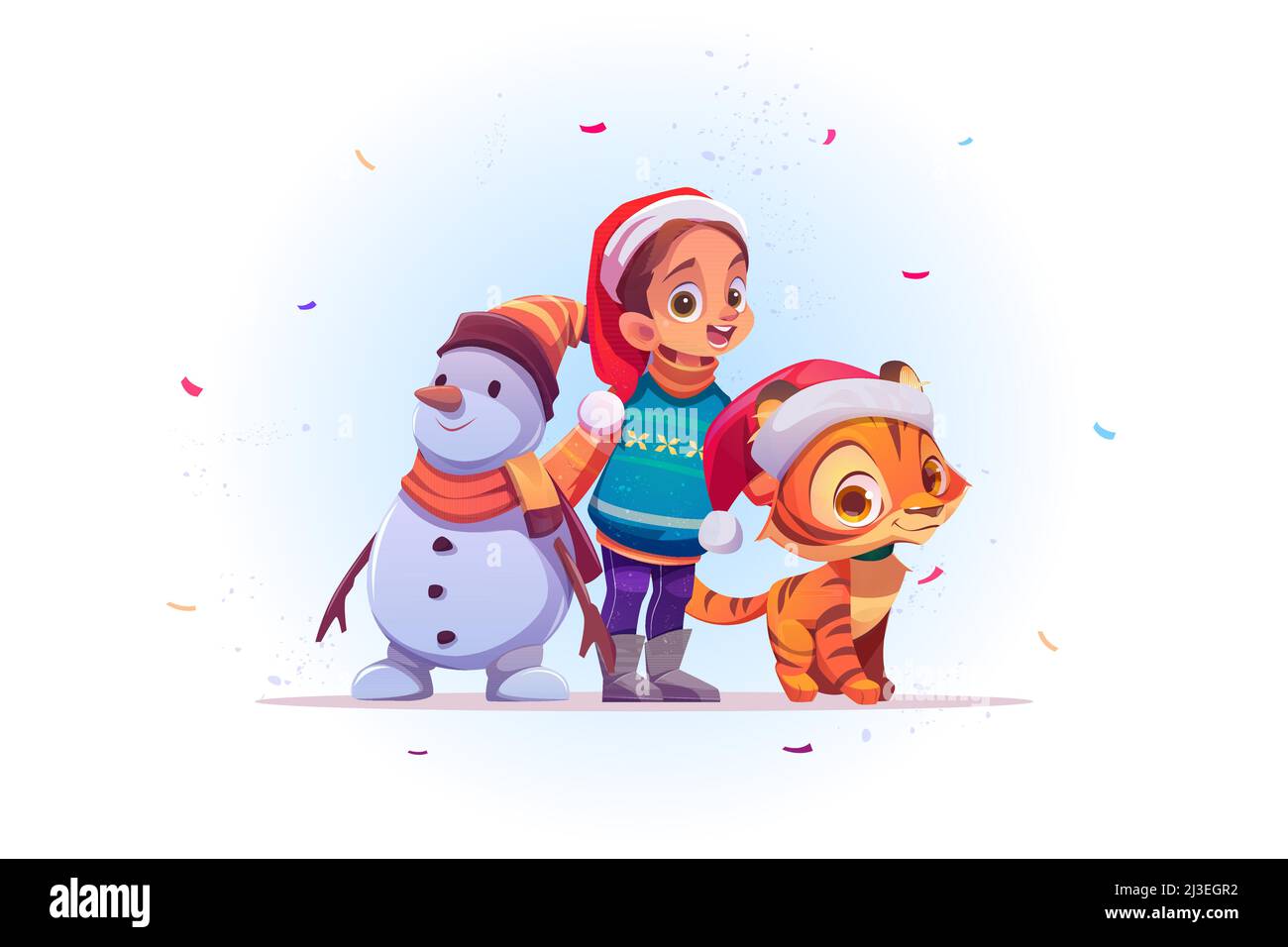 Poster di Natale con ragazza carina, pupazzo di neve e tigre in cappello rosso Babbo Natale. Illustrazione vettoriale del cartoon del bambino con l'uomo della neve e la celebrata divertente del gattino Illustrazione Vettoriale