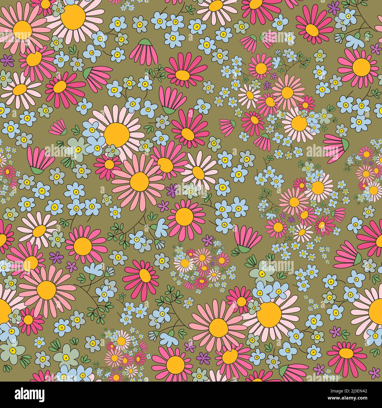 Daisy e dimentica-me-non fiori disegno senza giunture su sfondo verde muschio. Foto Stock