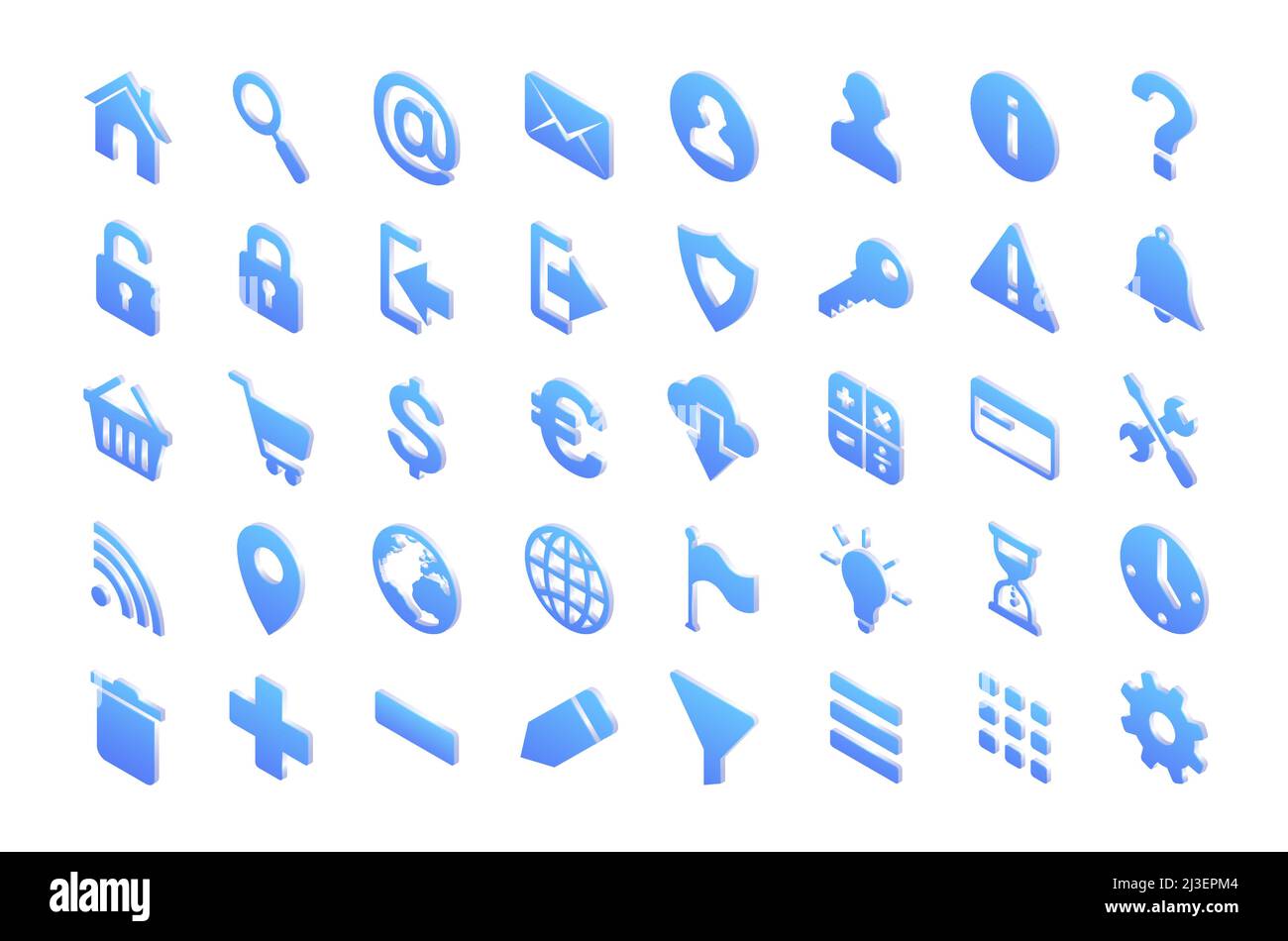 Icone isometriche clessidra, lampadina, casa, chiave, schermo e lucchetto, lente di ingrandimento, più, meno, busta e wi-fi, ruota dentata, globo terrestre, pin mappa Illustrazione Vettoriale
