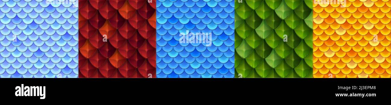 Texture di gioco di pelle di drago o di pesce, armatura di cuirass di scala rettile sfondo senza cuciture. Ripetizioni di colori blu, rosso, verde, giallo, rosso. Chai Illustrazione Vettoriale