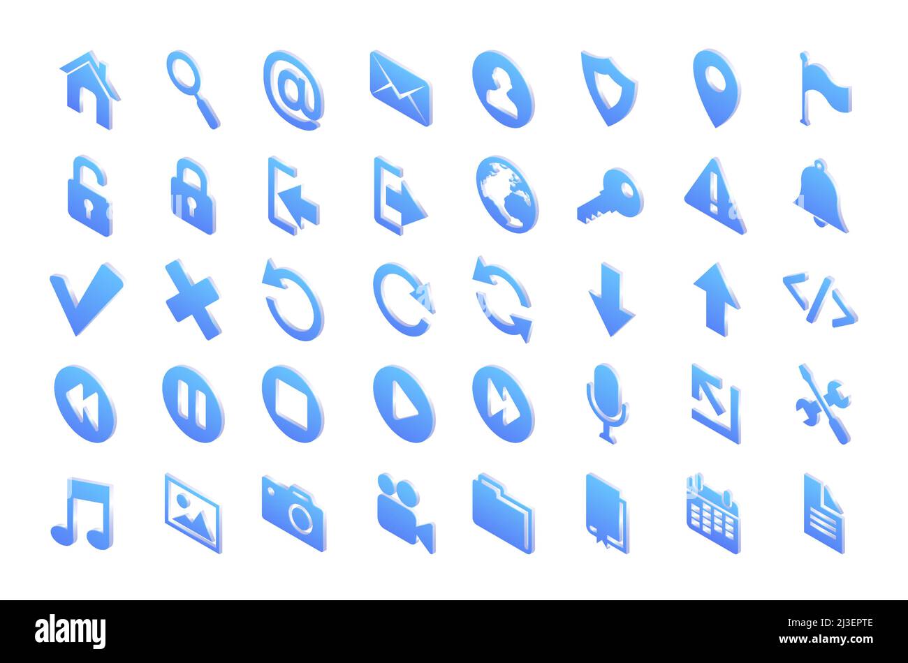 Icone web isometriche con simboli di posta, ricerca, casa, globo e foto. Set vettoriale di pulsanti blu per sito web, computer o telefono con segni di media Illustrazione Vettoriale