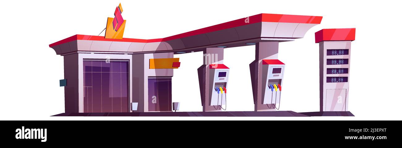 Stazione di servizio con pompa dell'olio, visualizzazione del mercato e dei prezzi. Vettore cartoon illustrazione di vuoto moderno stazione di rifornimento di combustibile per automobili e negozio edificio isol Illustrazione Vettoriale