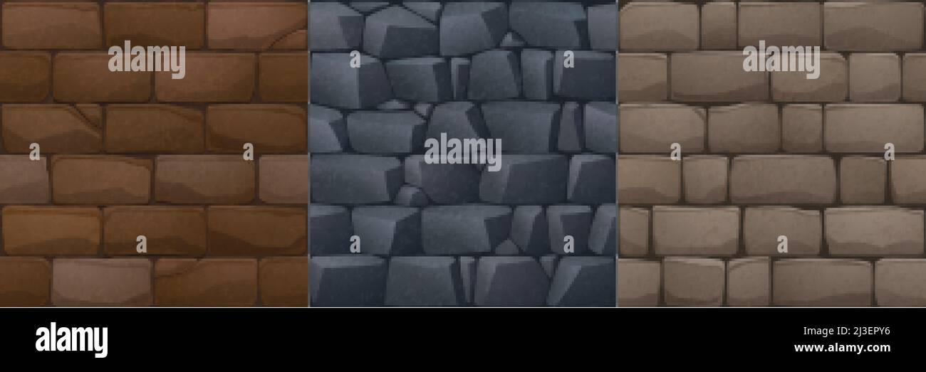 Trame di pareti di pietra per sfondo di gioco. Vettoriale cartoni animati disegni senza giunture di marciapiede o pietra, muratura da mattoni e blocchi di pietra, antico b Illustrazione Vettoriale
