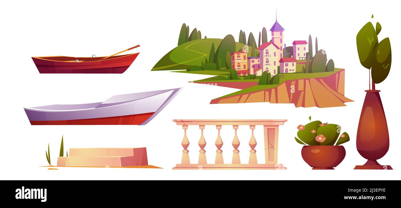 Set di paesaggio mediterraneo estivo con città su collina, barche, recinto di marmo, gradini e alberi in pentole. Illustrazioni vettoriali di cartoni animati del sud europa Illustrazione Vettoriale