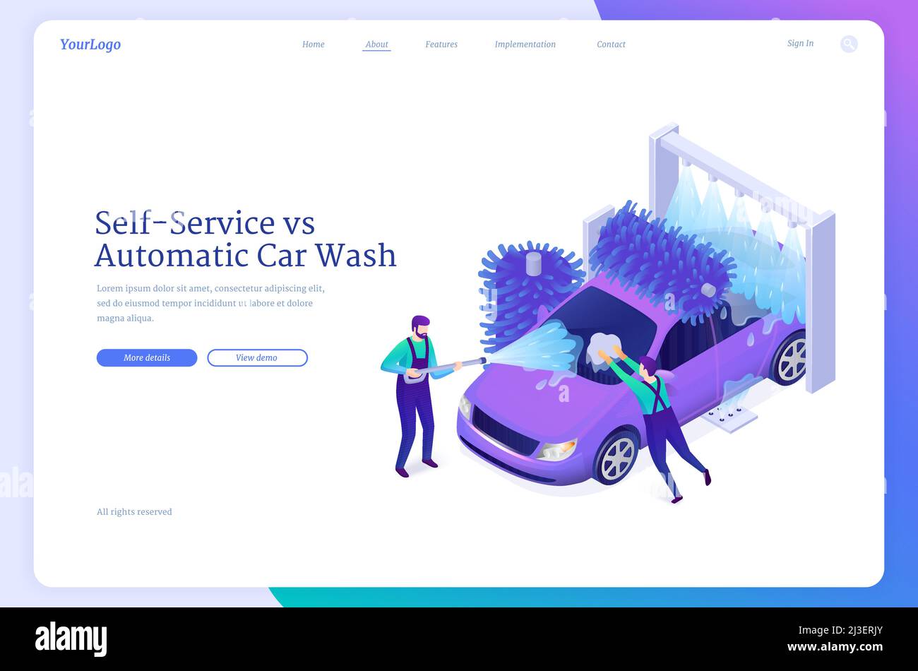 Pagina di atterraggio isometrica self-service vs. Autolavaggio automatico. I lavoratori del sistema di lavaggio del veicolo sporco con tubo e schiuma, stazione per automobili complesso Illustrazione Vettoriale