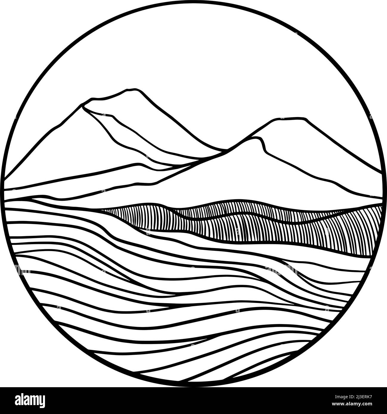 Cerchio paesaggio montagna. Logo, icona, illustrazione del disegno del simbolo dell'avventura artistica Illustrazione Vettoriale