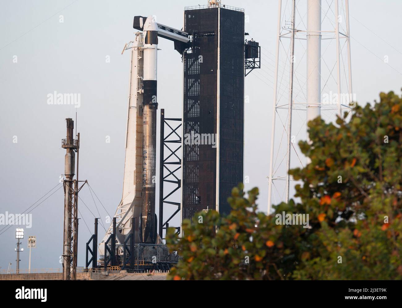 Un razzo SpaceX Falcon 9 a bordo della navicella spaziale Crew Dragon dell'azienda è visto all'alba sul trampolino di lancio al Launch Complex 39A mentre i preparativi per Axiom Mission 1 (Ax-1), giovedì 7 aprile 2022, presso il Kennedy Space Center della NASA in Florida. La missione Ax-1 è la prima missione privata di astronauti alla Stazione spaziale Internazionale. I membri dell'equipaggio AX-1, il comandante Michael López-Alegría di Spagna e degli Stati Uniti, il pilota Larry Connor degli Stati Uniti, e gli specialisti della missione Eytan Stibe di Israele, e Mark Pathy del Canada sono in programma per il lancio il 8 aprile alle 11:17 EDT, da Foto Stock