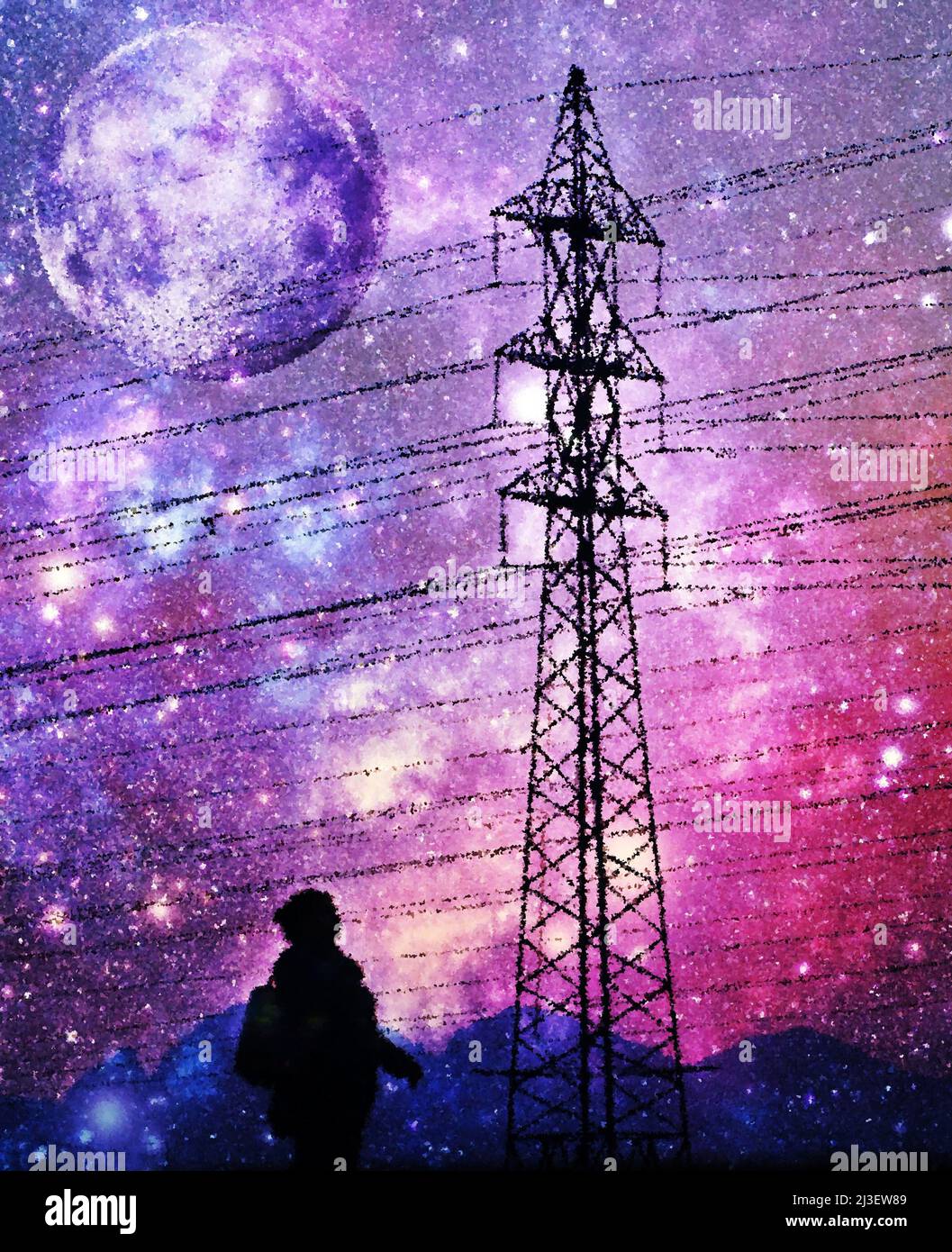 Paesaggio con poli elettrici e linee elettriche e un cielo notturno con mezzi di comunicazione misti a luna piena Foto Stock