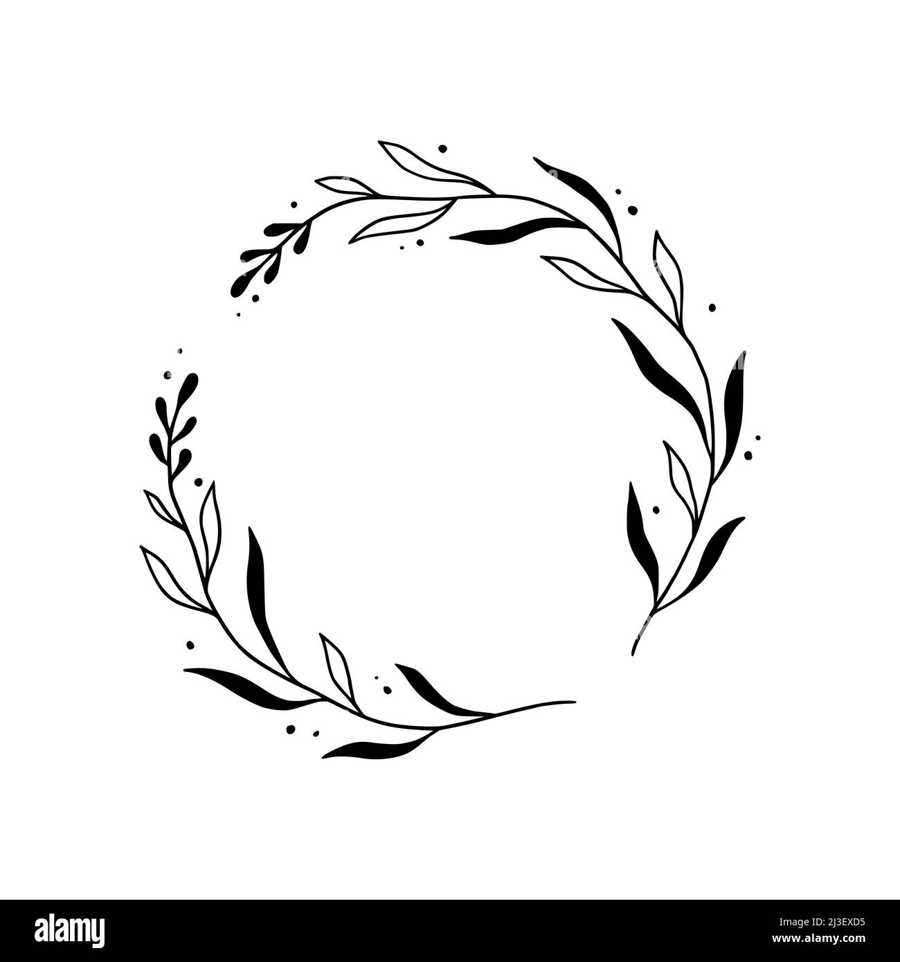 Cornice circolare floreale, elegante corona circolare bordo. Stile di schizzo del doodle disegnato a mano. Cornice da disegno floreale, fiorente elemento di design per matrimoni, biglietto di auguri. Illustrazione vettoriale. Illustrazione Vettoriale