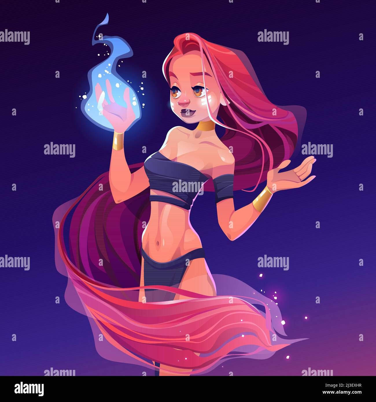 Il mago della ragazza tiene il fuoco blu magico in mano. Illustrazione vettoriale di cartoni animati di bella donna mistica con capelli lunghi e gioielli d'oro. Caratteristiche genie femminili Illustrazione Vettoriale