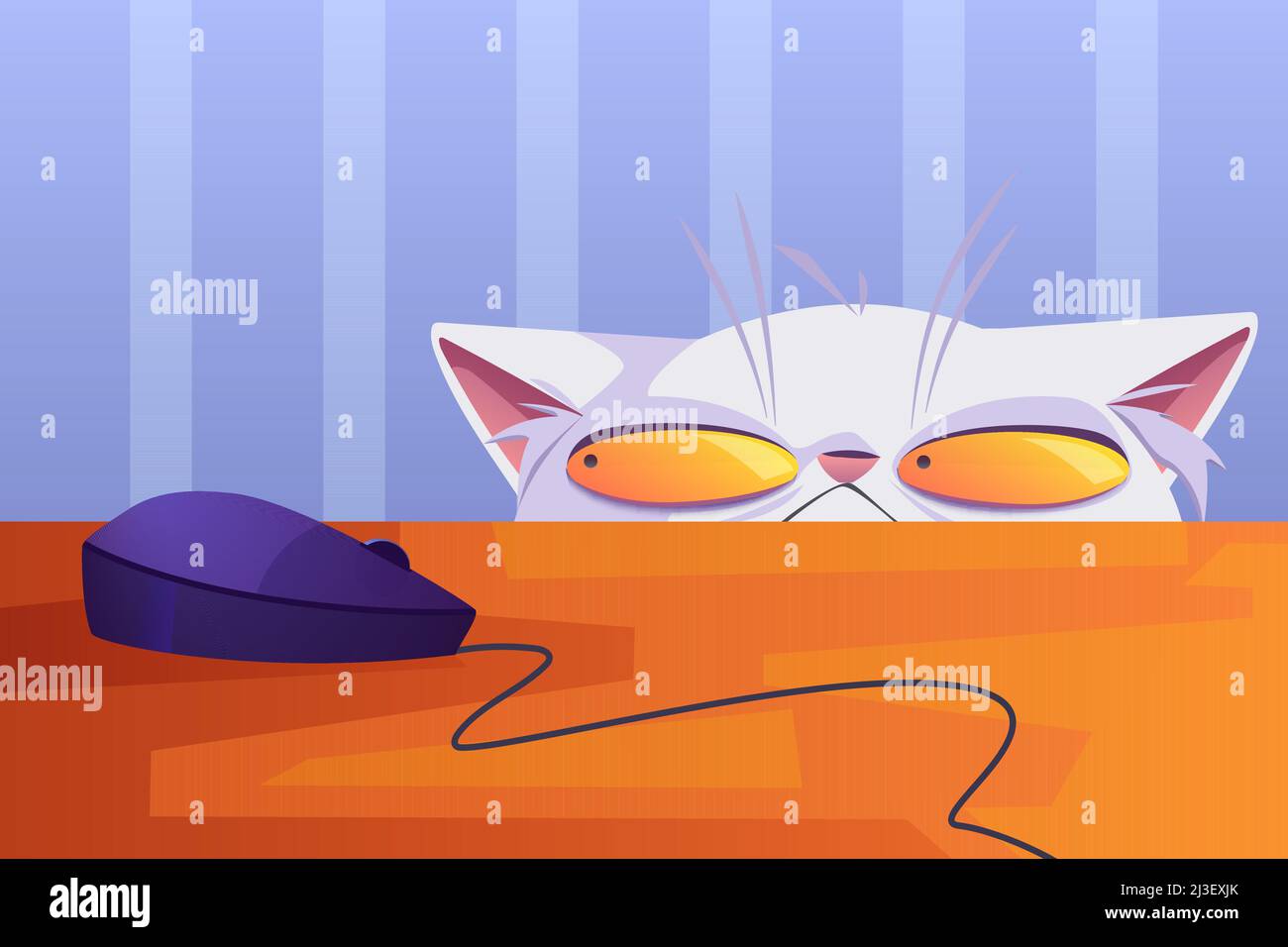 Caccia al gatto sul computer mouse sdraiato sul tavolo. Cartone animato curioso animale domestico con pelliccia bianca e occhi gialli squinted che peping fuori da sotto il tavolo guardando su ele Illustrazione Vettoriale