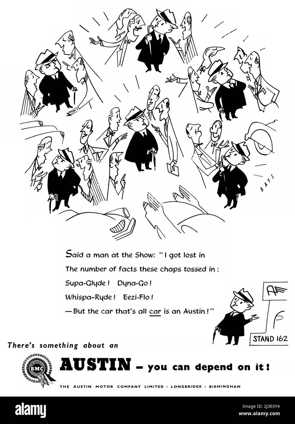 1955 Pubblicità britannica per le auto a motore Austin al London Motor Show presso l'Earls Court Exhibition Centre. Foto Stock