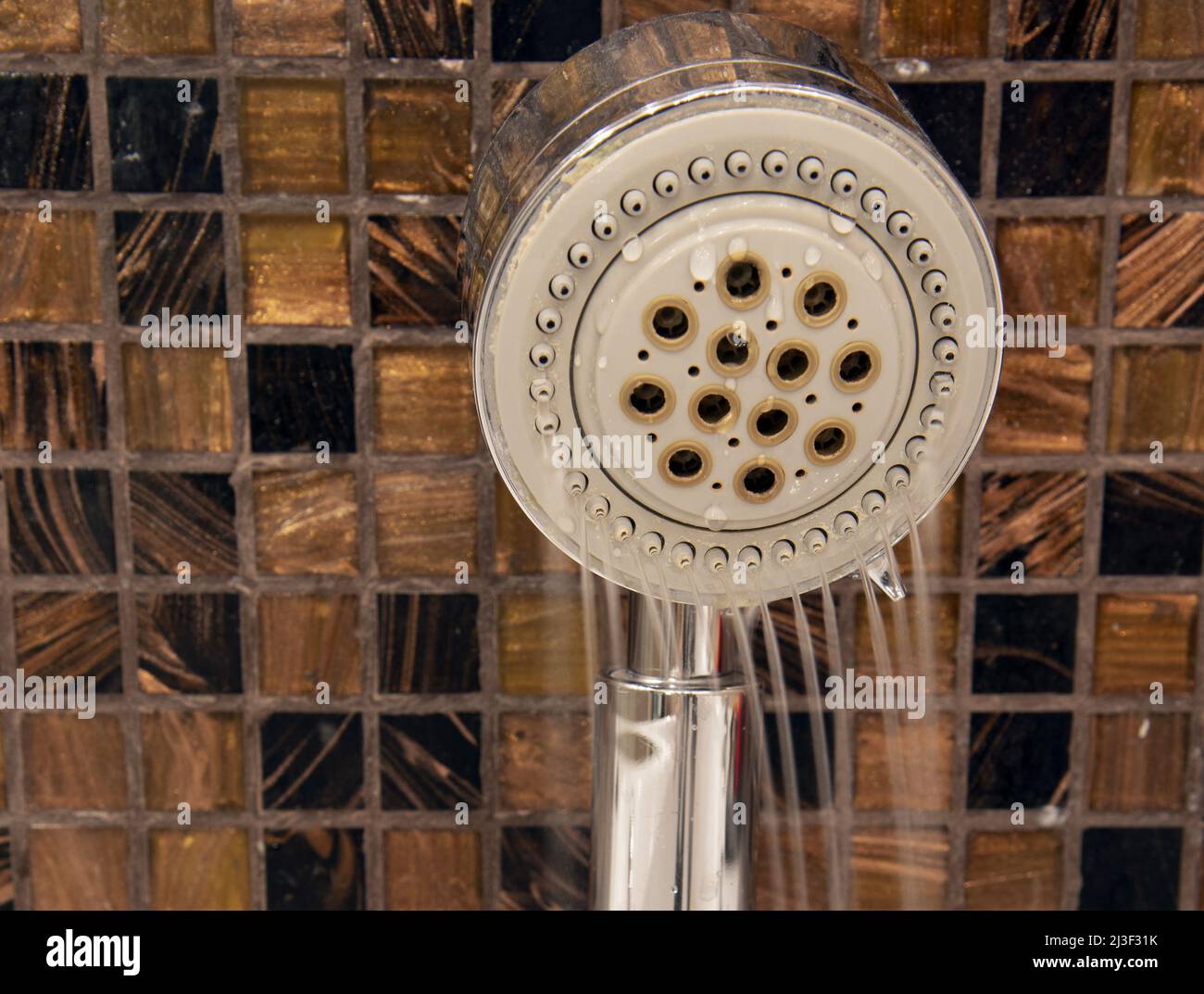 L'innaffiatura della doccia può chiudersi sullo sfondo delle piastrelle nel bagno di casa. Foto Stock