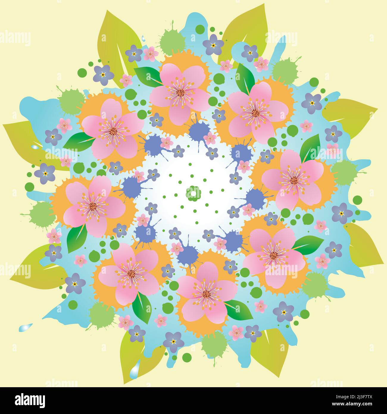 Un'illustrazione vettoriale di un mandala con fiori, foglie e gocce in colori tenui. Illustrazione Vettoriale