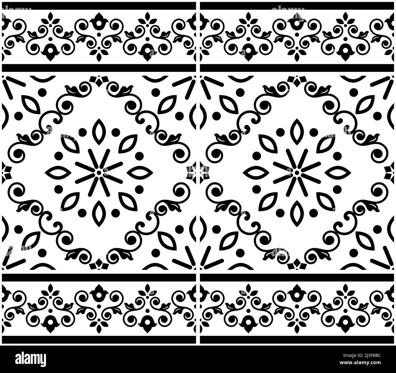 Piastrelle Azulejo in stile Lisbona motivo vettoriale senza cuciture, elegante design decorativo ispirato all'arte portoghese con motivi floreali e geometrici in un nero Illustrazione Vettoriale