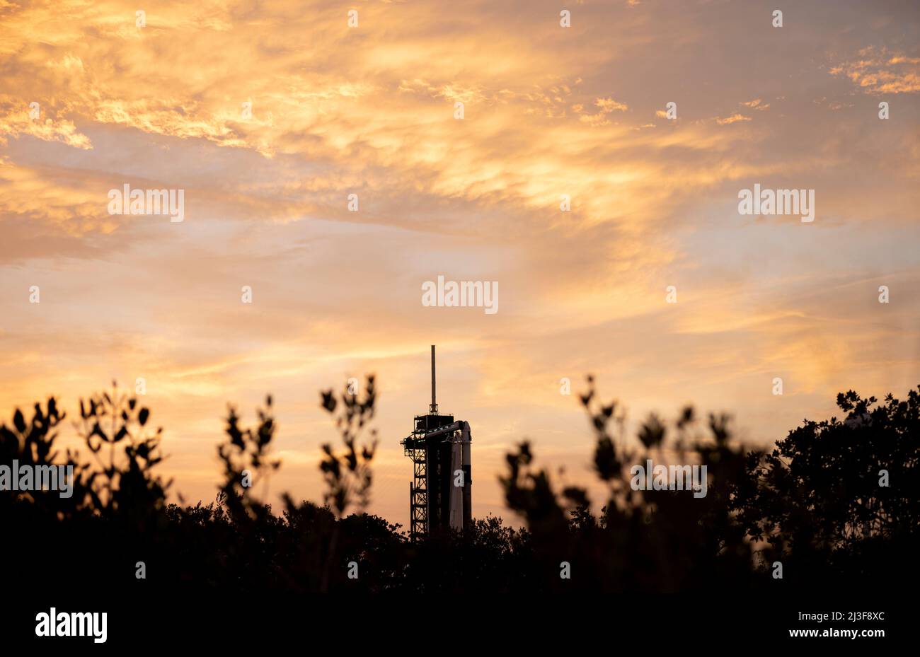 Un razzo SpaceX Falcon 9 con la nave spaziale Crew Dragon a bordo della compagnia è visto al tramonto sul trampolino di lancio al Launch Complex 39A come i preparativi per Axiom Mission 1 (Ax-1), Giovedì 7 aprile 2022, presso il NASAs Kennedy Space Center in Florida. La missione Ax-1 è la prima missione privata di astronauti alla Stazione spaziale Internazionale. I membri dell'equipaggio AX-1, il comandante Michael López-Alegría di Spagna e degli Stati Uniti, il pilota Larry Connor degli Stati Uniti, e gli specialisti della missione Eytan Stibe di Israele, e Mark Pathy del Canada sono in programma per il lancio il 8 aprile alle 11:17 EDT, da Foto Stock