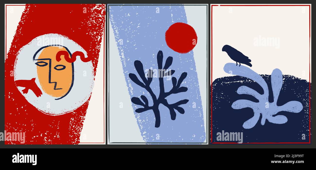 Poster minimalista astratto in stile Matisse. Retro 1920s Graphic Home Print Template. Forme e colori illustrazione testurizzata. Illustrazione Vettoriale