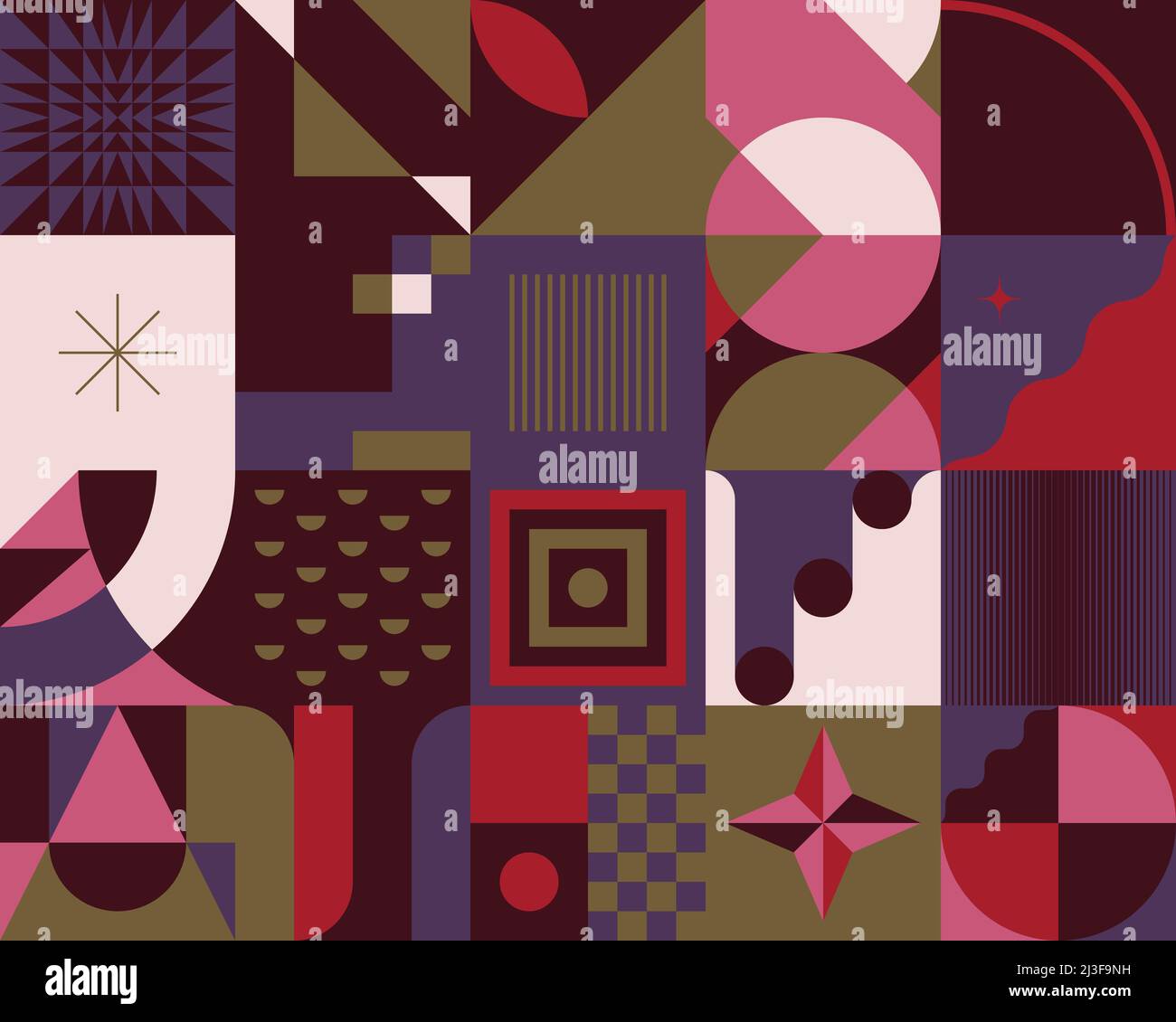 Grafica vettoriale astratta di metà secolo realizzata con varie forme geometriche ed elementi. Illustrazione Vettoriale