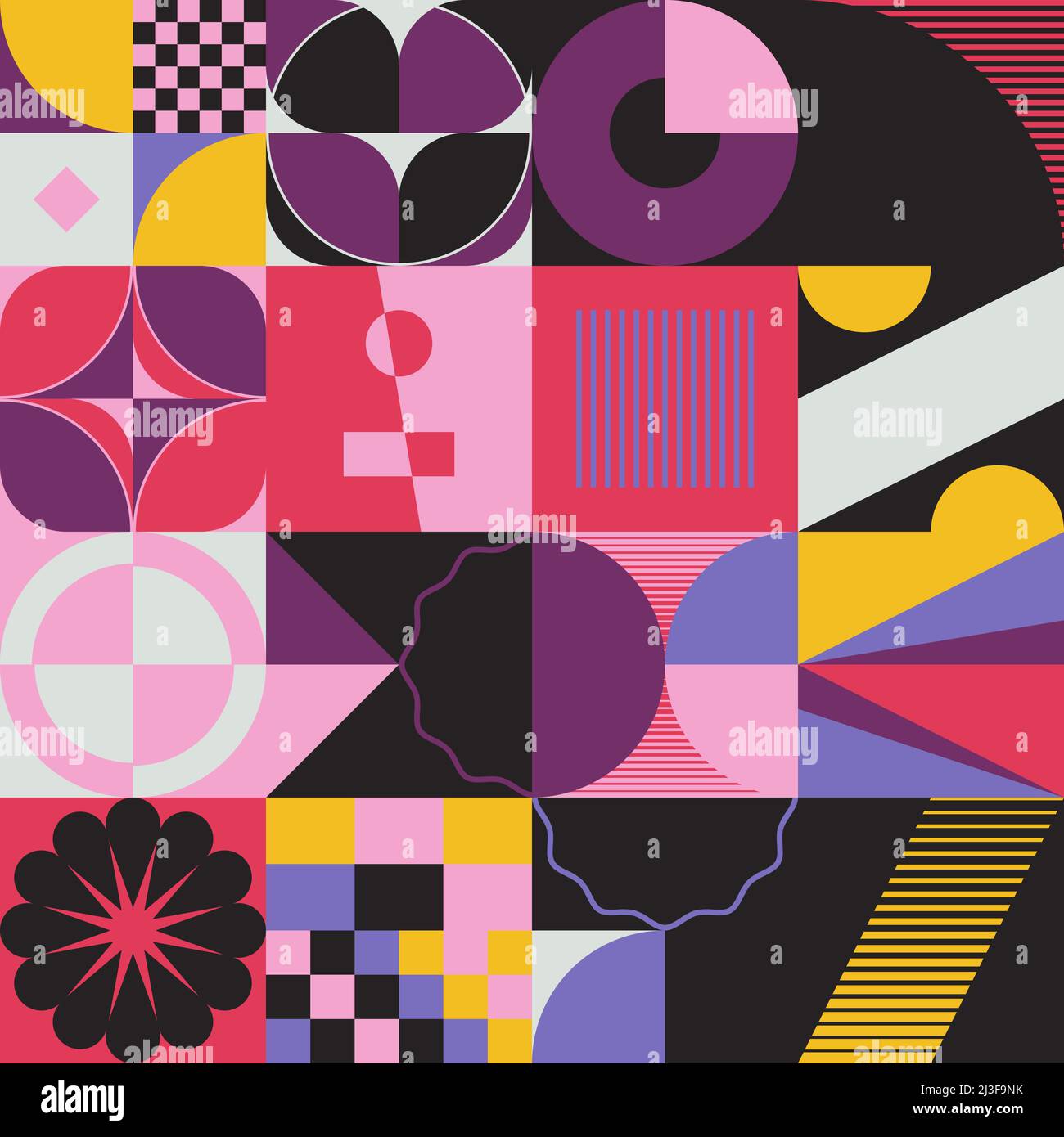Grafica vettoriale astratta di metà secolo realizzata con varie forme geometriche ed elementi. Illustrazione Vettoriale