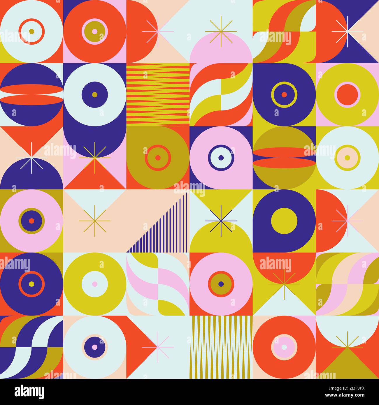 Grafica vettoriale astratta di metà secolo realizzata con varie forme geometriche ed elementi. Illustrazione Vettoriale