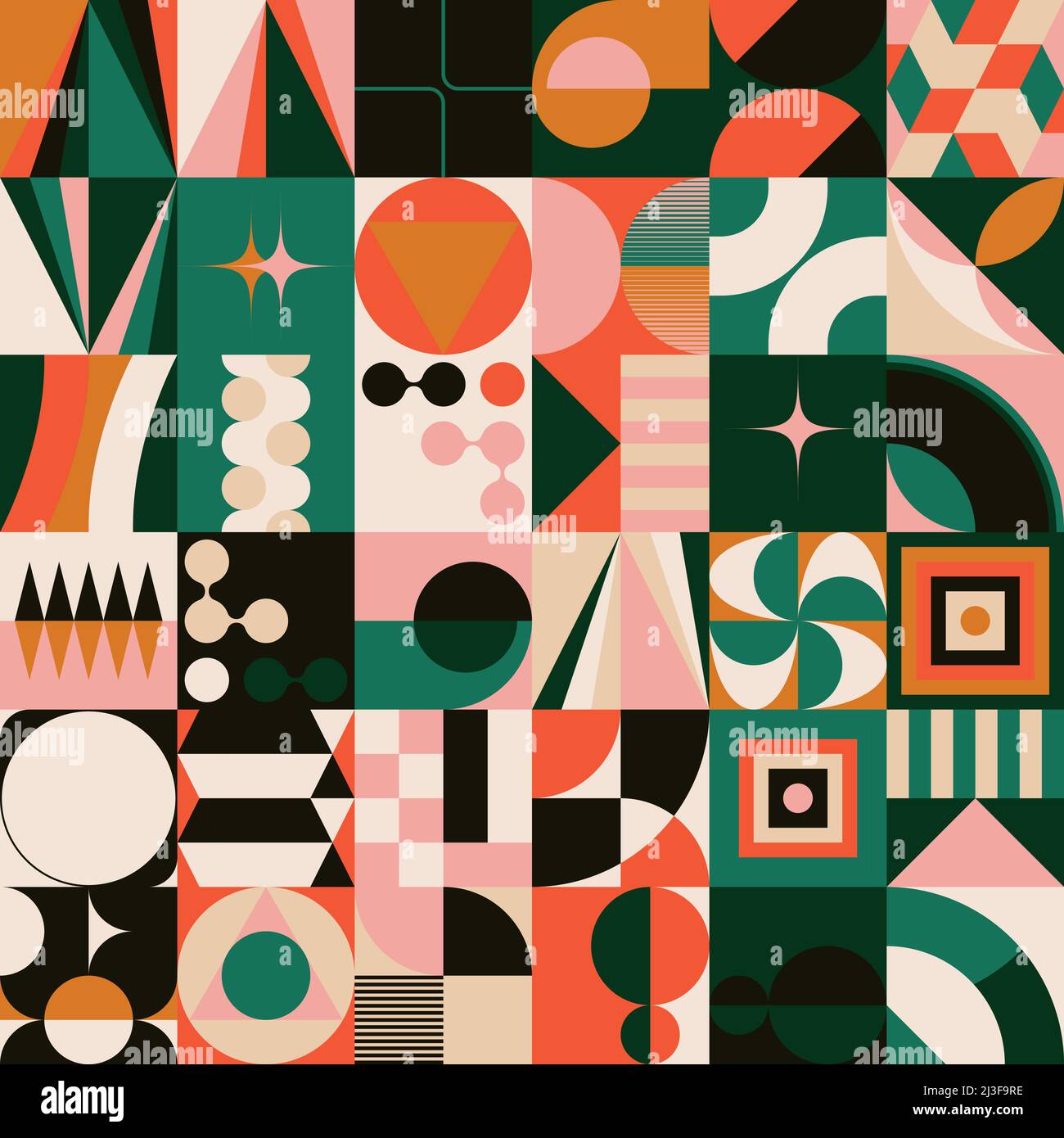 Grafica vettoriale astratta di metà secolo realizzata con varie forme geometriche ed elementi. Illustrazione Vettoriale