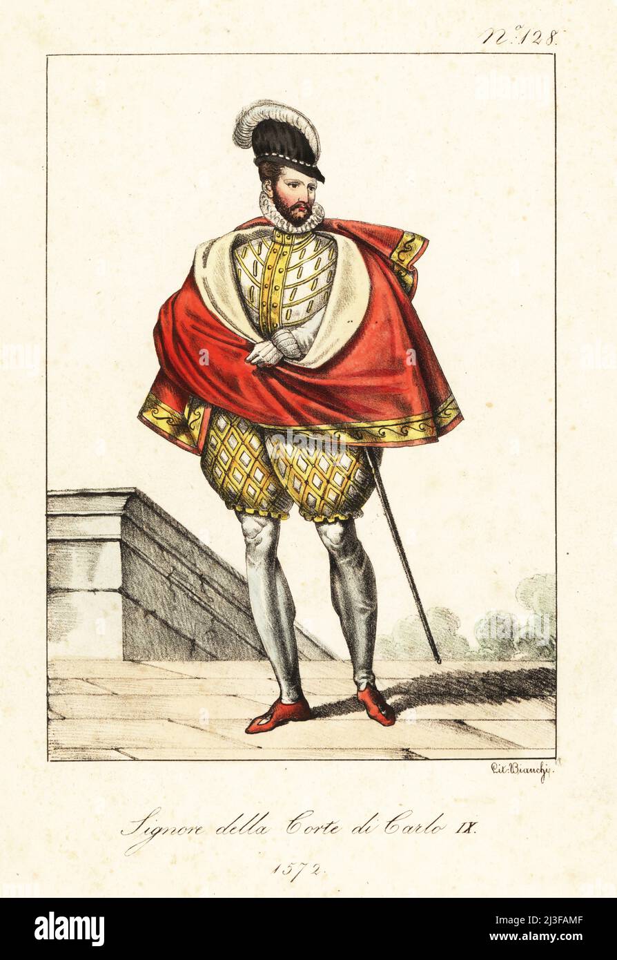 Costume di un nobile alla corte di re Carlo IX di Francia, 1572. In berretto in piumato, colletto in ruff, mantello corto, doppietto ricamato e braghe, manichetta e spada da corte. Seigneur de la Cour de Charles IX 1572. Litografia a mano di Lorenzo Bianchi dopo Ippolite Lecomte di Costumi civili e militanti della monarchia francese dal 1200 al 1820, Napoli, 1825. Edizione italiana dei costumi civili e militari della monarchia francese di Lecomte dal 1200 al 1820. Foto Stock