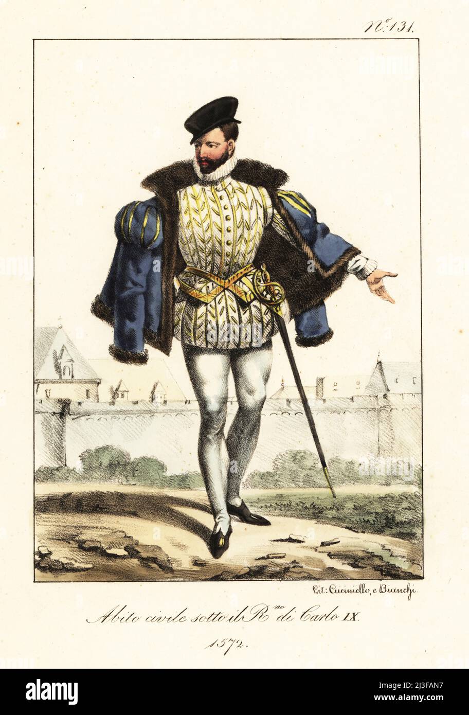 Moda maschile durante il regno di Carlo IX di Francia, 1572. In berretto, colletto in ruff, giacca foderata in pelliccia, doppietto ricamato, manichetta e spada. Costume Civil sous le Regne de Charles IX Litografia a mano di Lorenzo Bianchi e Domenico Cuciniello dopo Ippolite Lecomte di Costumi civili e militanti della monarchia francese dal 1200 al 1820, Napoli, 1825. Edizione italiana dei costumi civili e militari della monarchia francese di Lecomte dal 1200 al 1820. Foto Stock