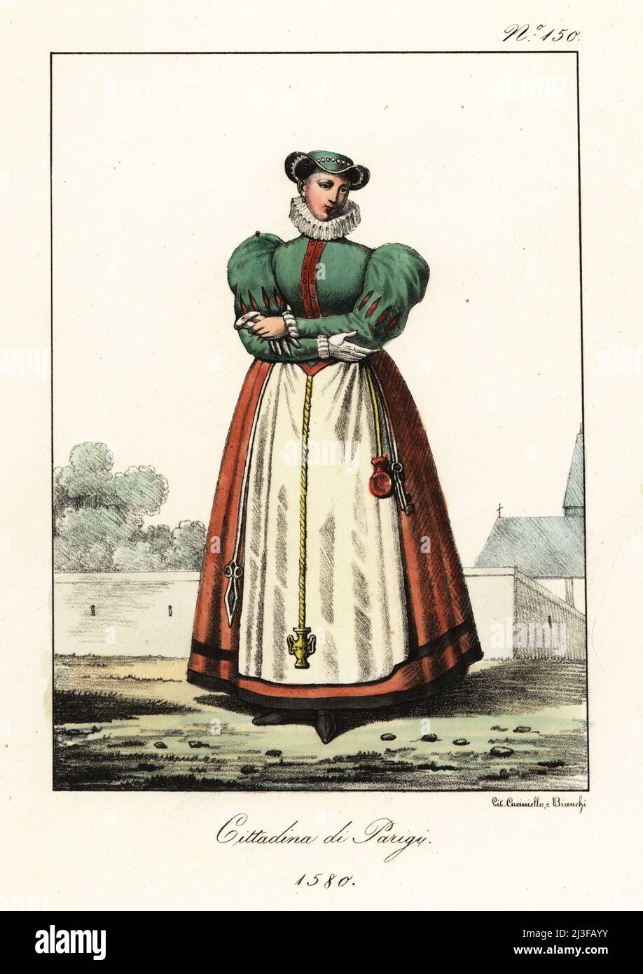 Costume di una signora borghese di Parigi, 1580. Cappello a briglia,  colletto a ruff, camice a maniche di puff, grembiule con borsa appesa di  elemosine e chiavi. Bourgeoise de Paris. Litografia a