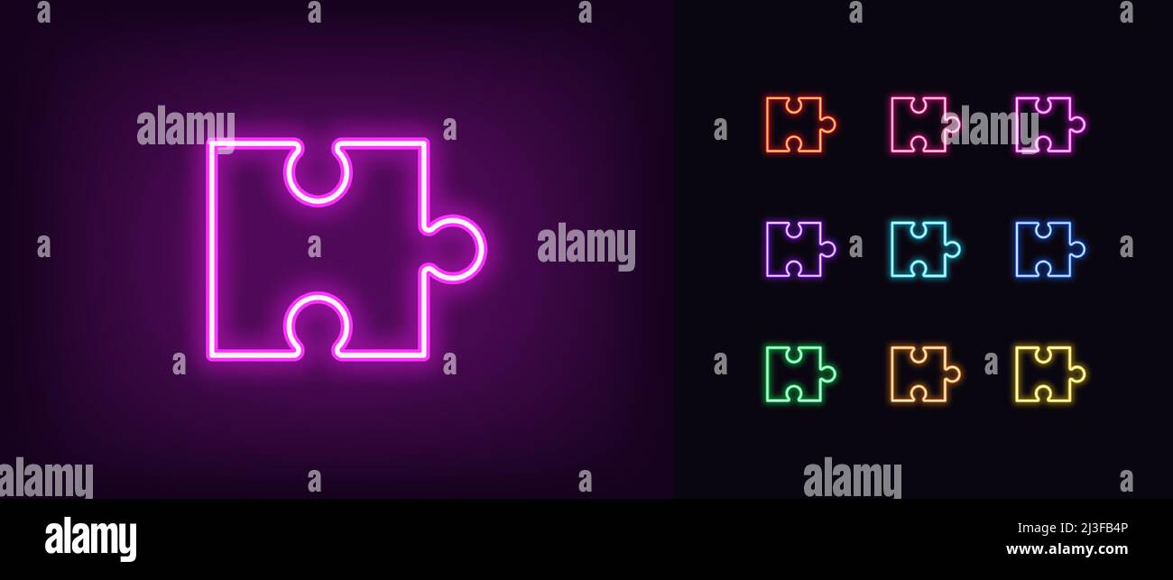 Icona del pezzo di puzzle al neon. Puzzle glowing neon parte, app aggiunta pittogramma. Soluzione aziendale, sfida di gioco, plugin di gioco e addon. V Illustrazione Vettoriale