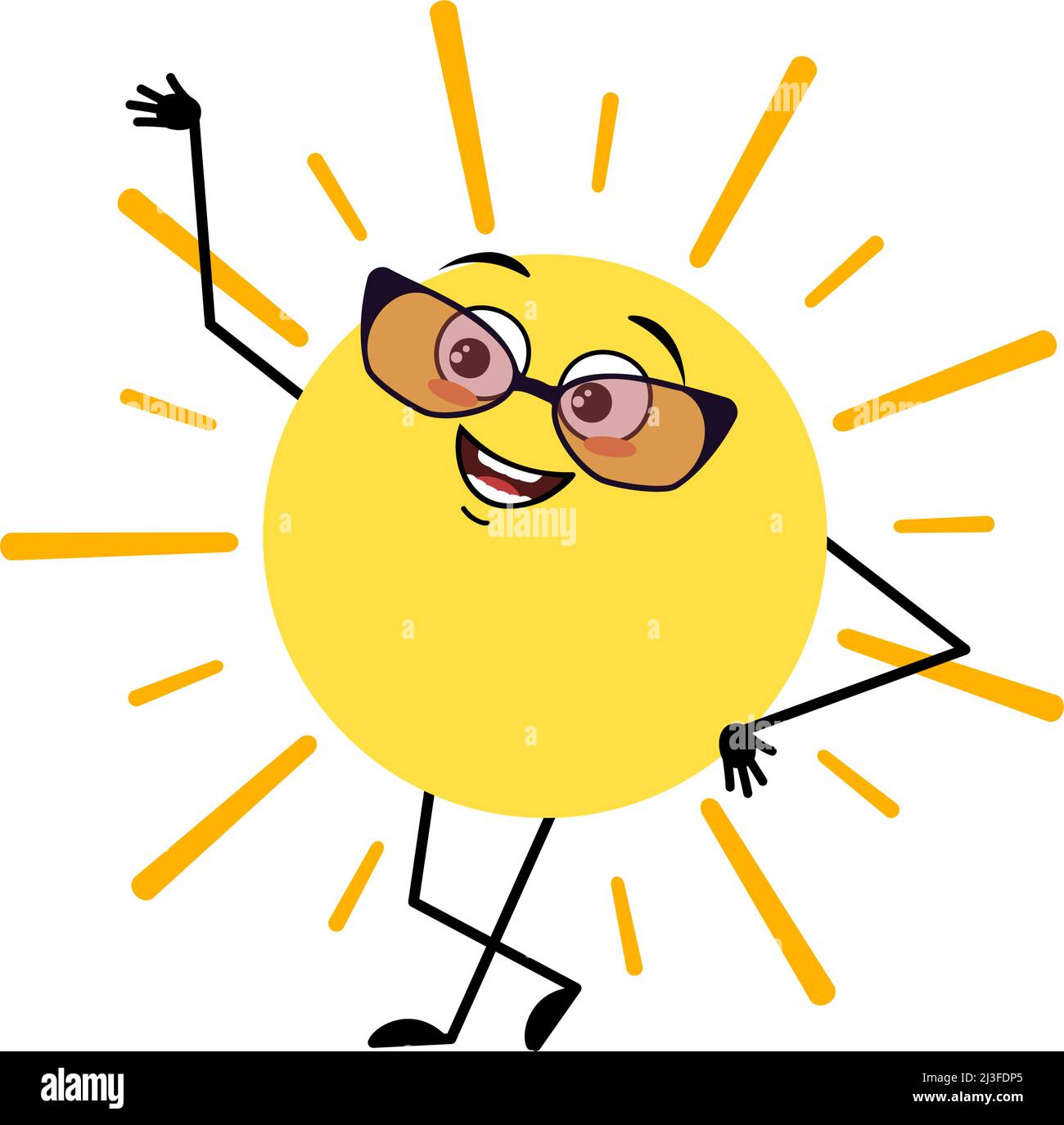 Simpatico personaggio da sole con occhiali e allegra emozione, viso, occhi sorridenti, braccia e gambe. Persona con espressione e posa divertenti. Illustrazione piatta vettoriale Illustrazione Vettoriale