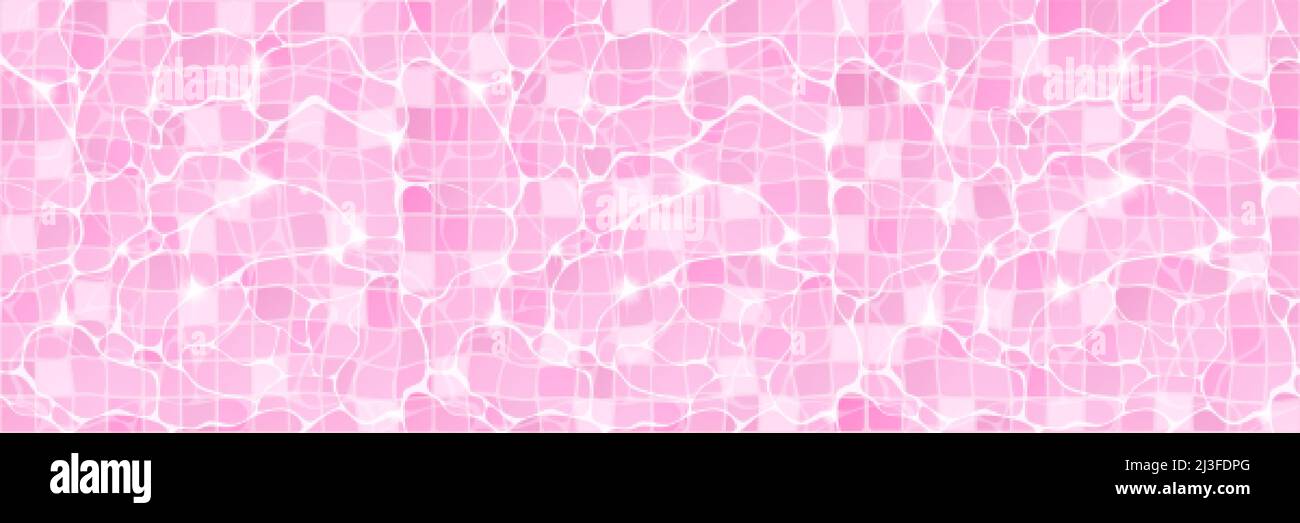 Lo sfondo della piscina d'acqua con pavimento in piastrelle rosa e ondulazioni sulla superficie dell'acqua. Vasca da bagno trasparente liquido texture con raggi solari luminosi ligh Illustrazione Vettoriale