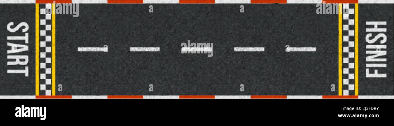 Vista dall'alto della pista da corsa con linea di partenza e di arrivo. Vettore cartoon illustrazione di strada diritta per auto rally concorrenza con griglia bianca modello Illustrazione Vettoriale