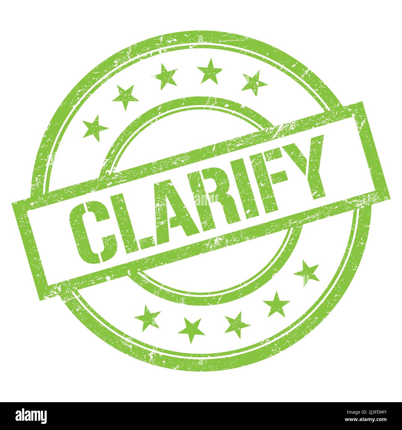 CHIARISCI il testo scritto sul timbro verde rotondo in gomma vintage. Foto Stock
