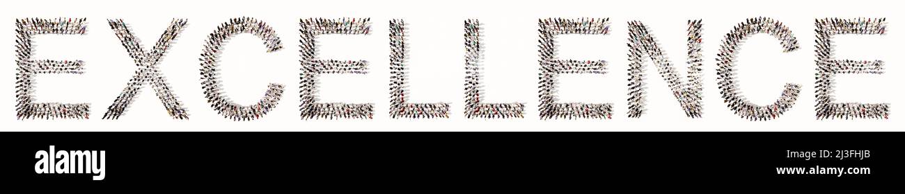 Concetto concettuale grande comunità di persone che formano UN messaggio DI ECCELLENZA. 3d metafora di illustrazione al commercio, successo, profesional, qualità Foto Stock